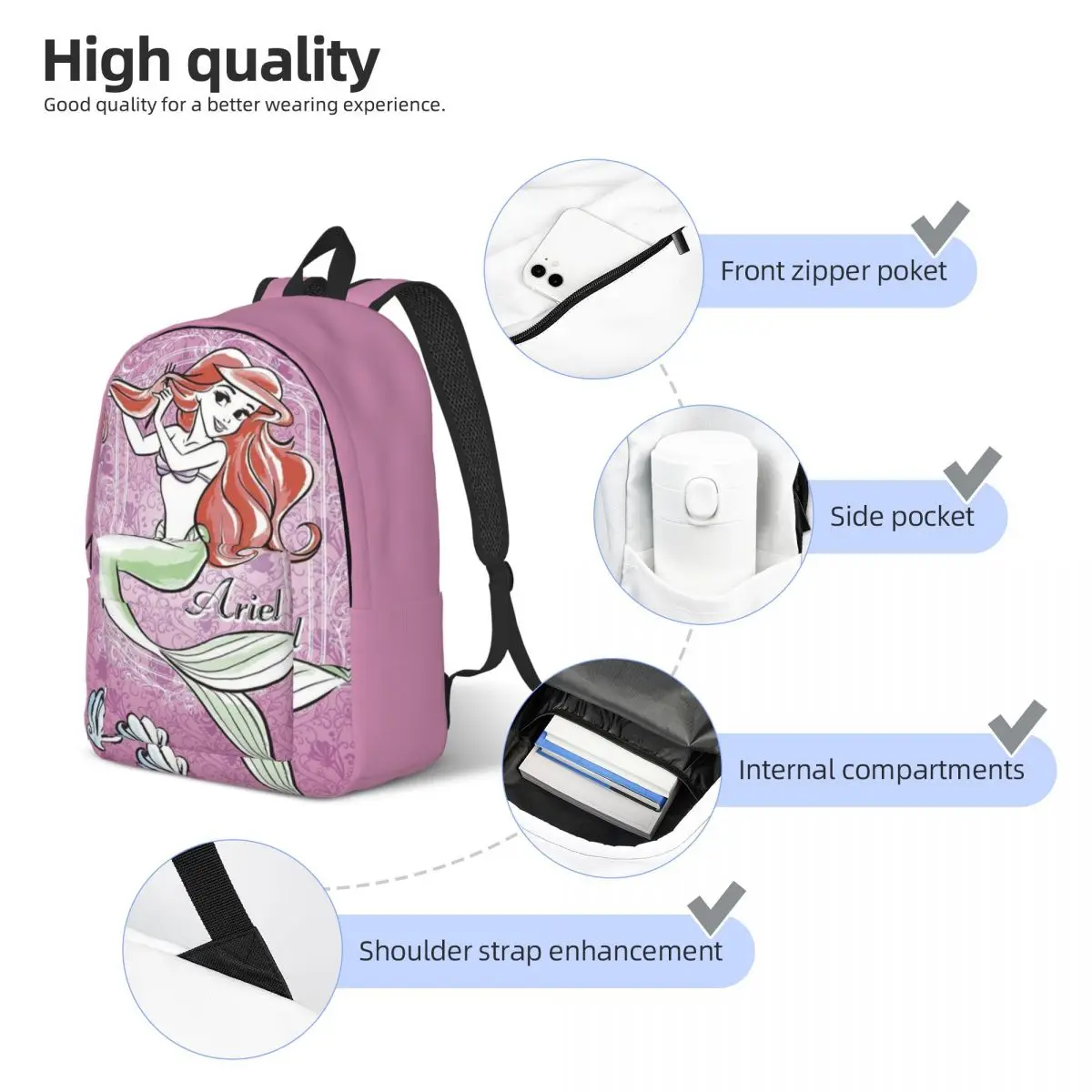 Custom Ariel Cute Cartoon Canvas Backpacks Men Women Casual Bookbag for College School The Little Mermaid Bags