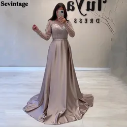 Sevintage Customized Beaded Evening Dresses Long Sleeves Satin Slit Side Formal Prom Dress Women Wedding Party Bridesmaid Gowns