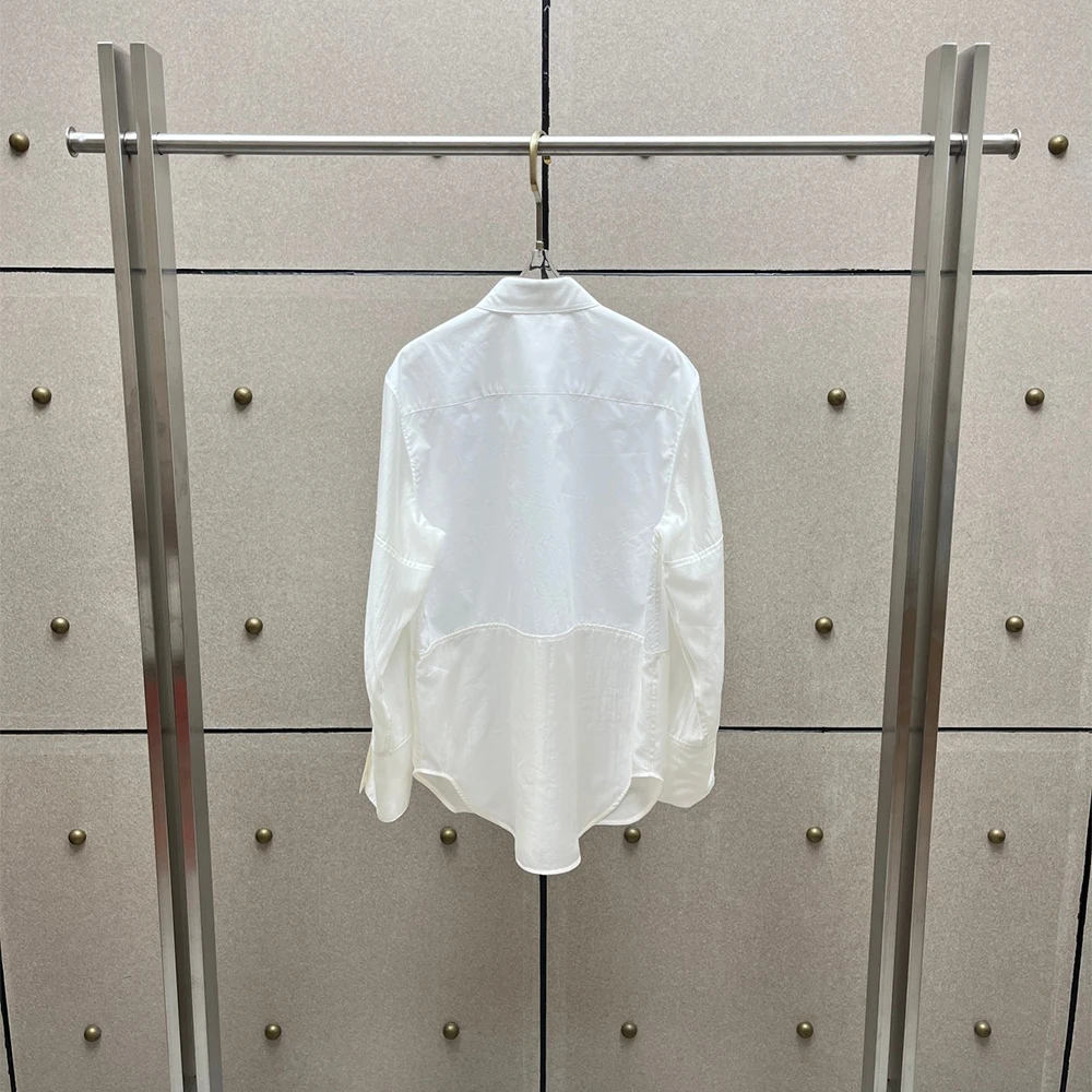 Women's Cotton-Blend Patchwork Blouse with Lapel Collar Long Sleeves Button-Up Loose Shirt—Casual Office Elegant Everyday Wear
