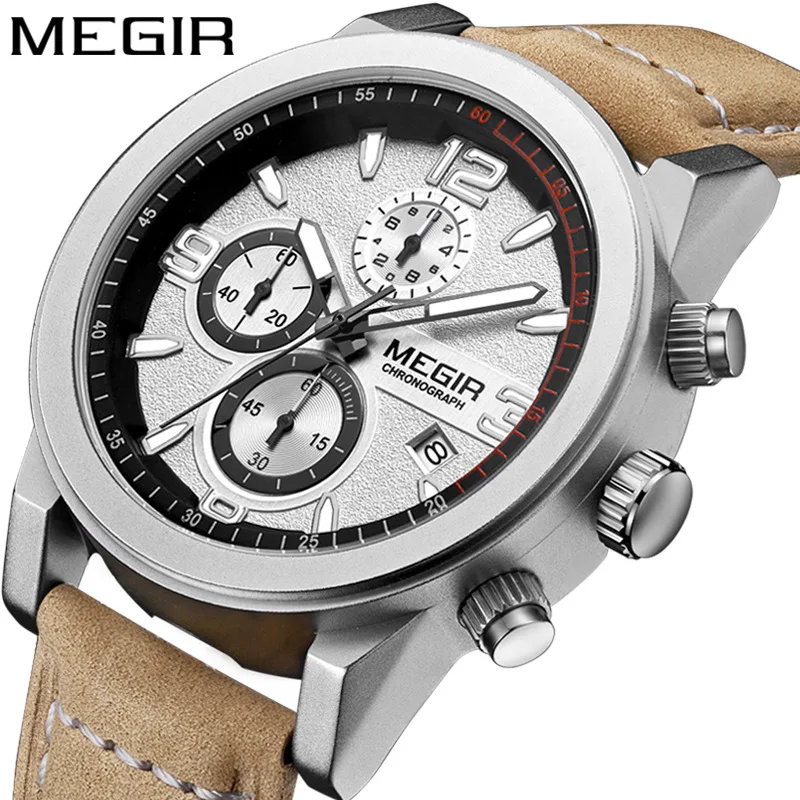 MEGIR 2026 Men Quartz Watch Leisure Simple Date Analog Display Leather Brown Black Strap Wrist Watches Birthday Gift