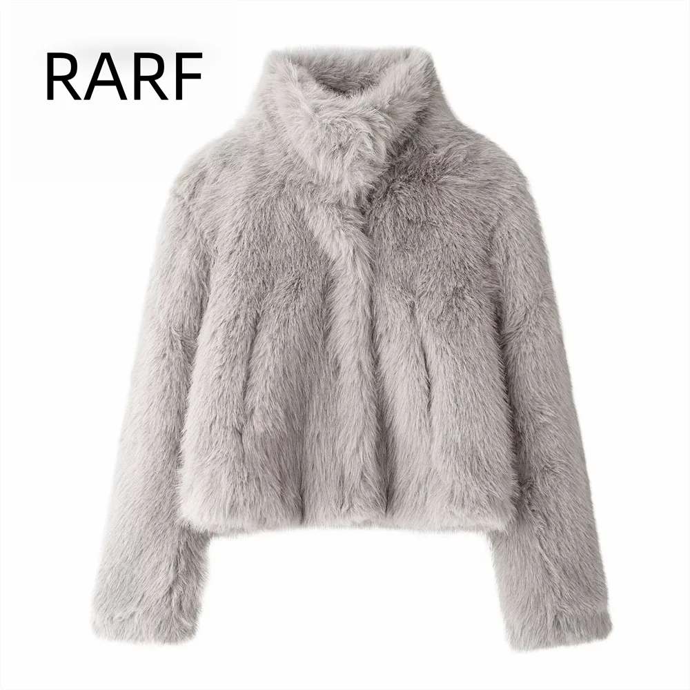 2024 New autumn and winter fashion temperament artificial fur stand up collar short plush jacket top