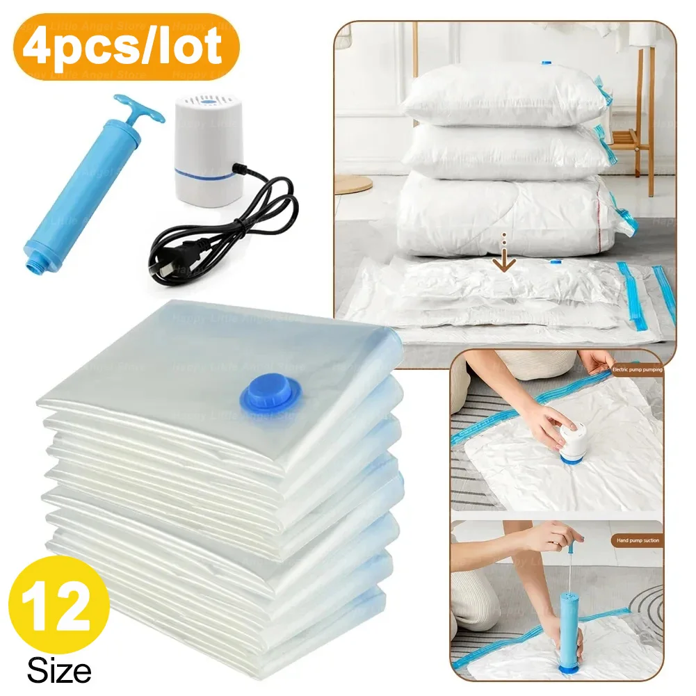 4PC/Set Reusable Vacuum Bags With Pump Transparent Folding Compressed Space Saving Vacuum Bag for Clothes Large Travel Container