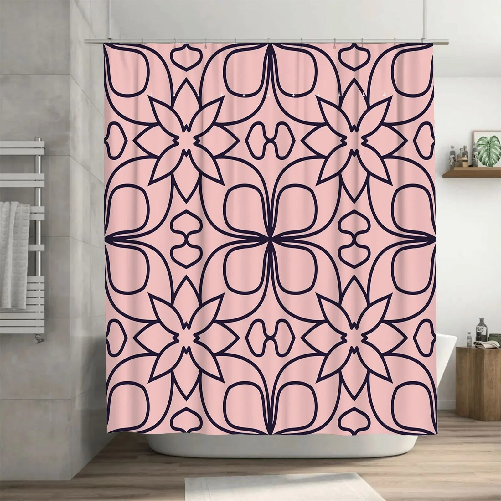 HI-Elegant Pink and Navy Blue Shower Curtain featuring intricate geometric patterns perfect for a modern bathroom update!