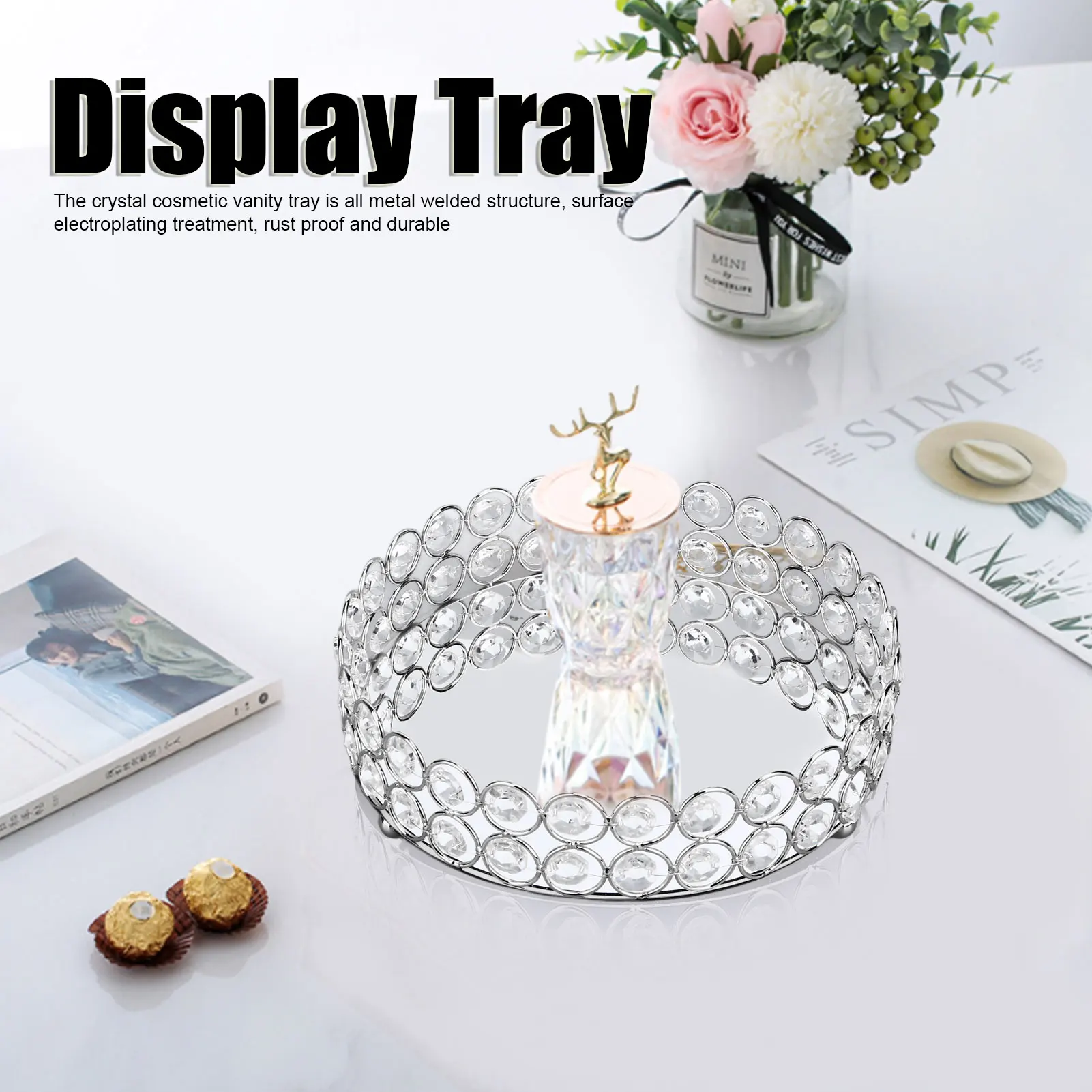 Crystal Cosmetic Makeup Tray 8in Round Display Tray Mirrored Metal Welded Structure For Food Perfume Jewelry Wine Silver