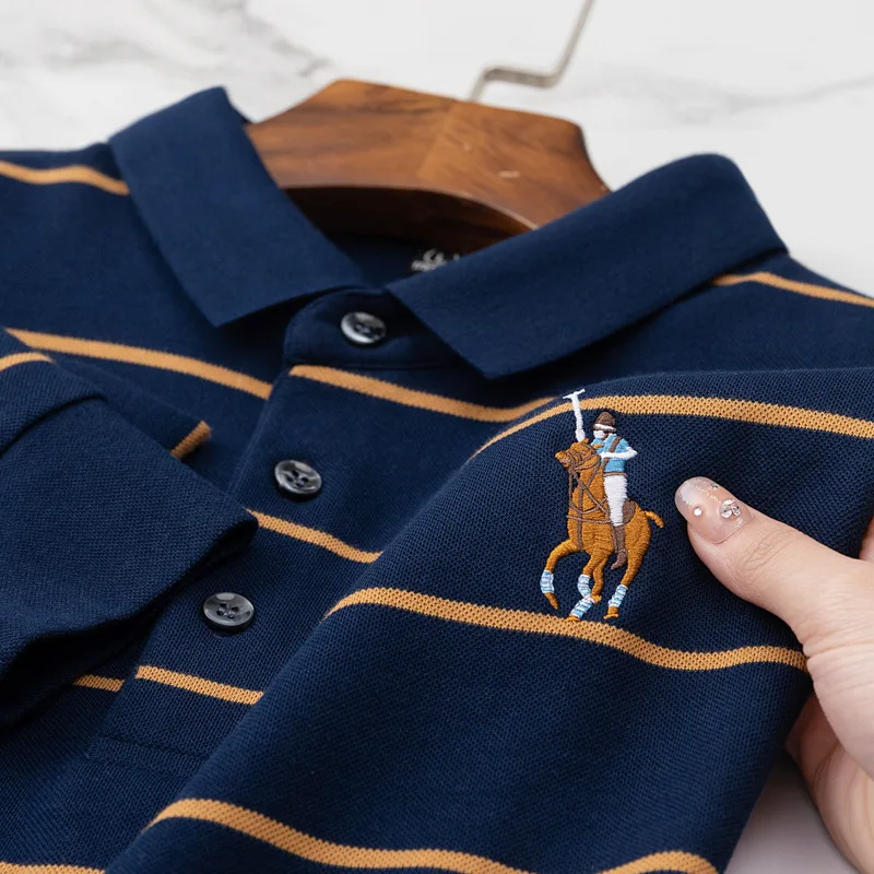 Minglu 100% Cotton Embroidery Men's Polo Shirts Luxury Long Sleeve Striped Spring Auutmn Business Casual Male T-shirts Man Tees