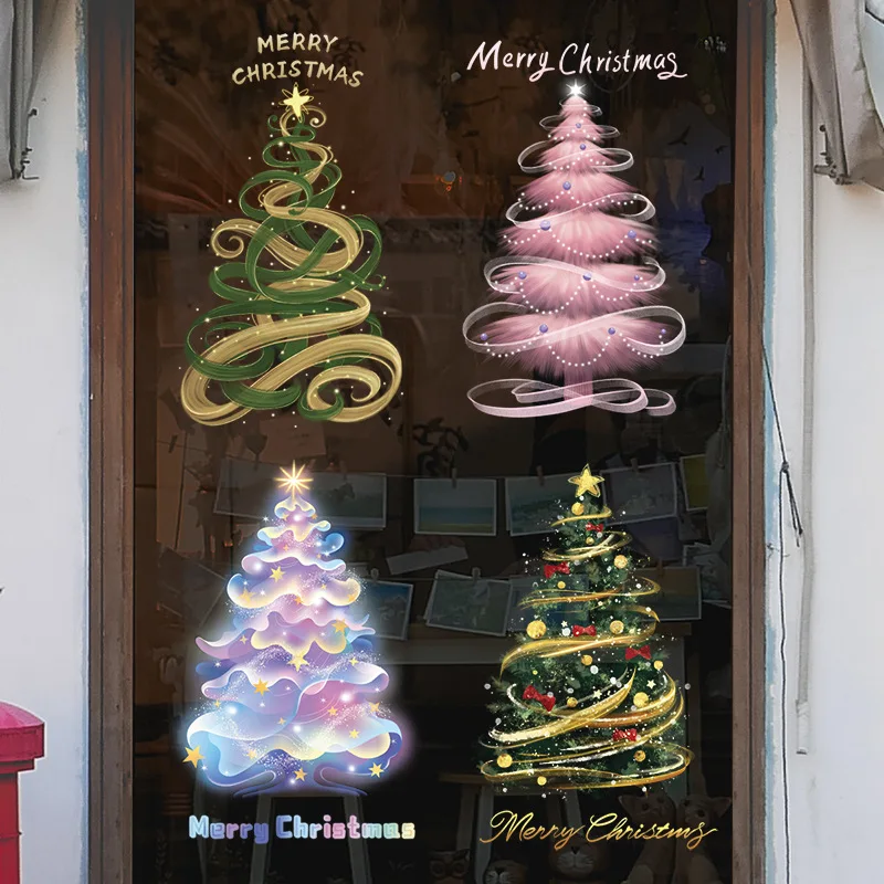 Christmas Glass Static Window Stickers, Colorful Crayon Tree & Snowflake Decals for Mall & Home Decor
