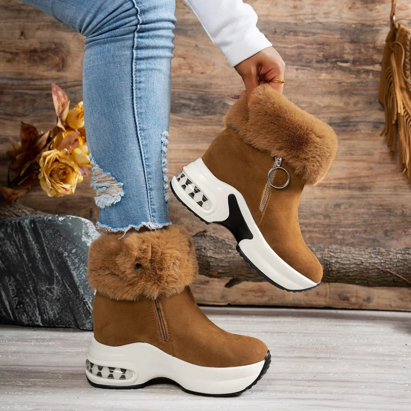 

2025 Winter New Women's Faux Fur Snow Boots Platform Wedge Heel Slip On Thermal Ankle Boots Fashion Ladies Shoes