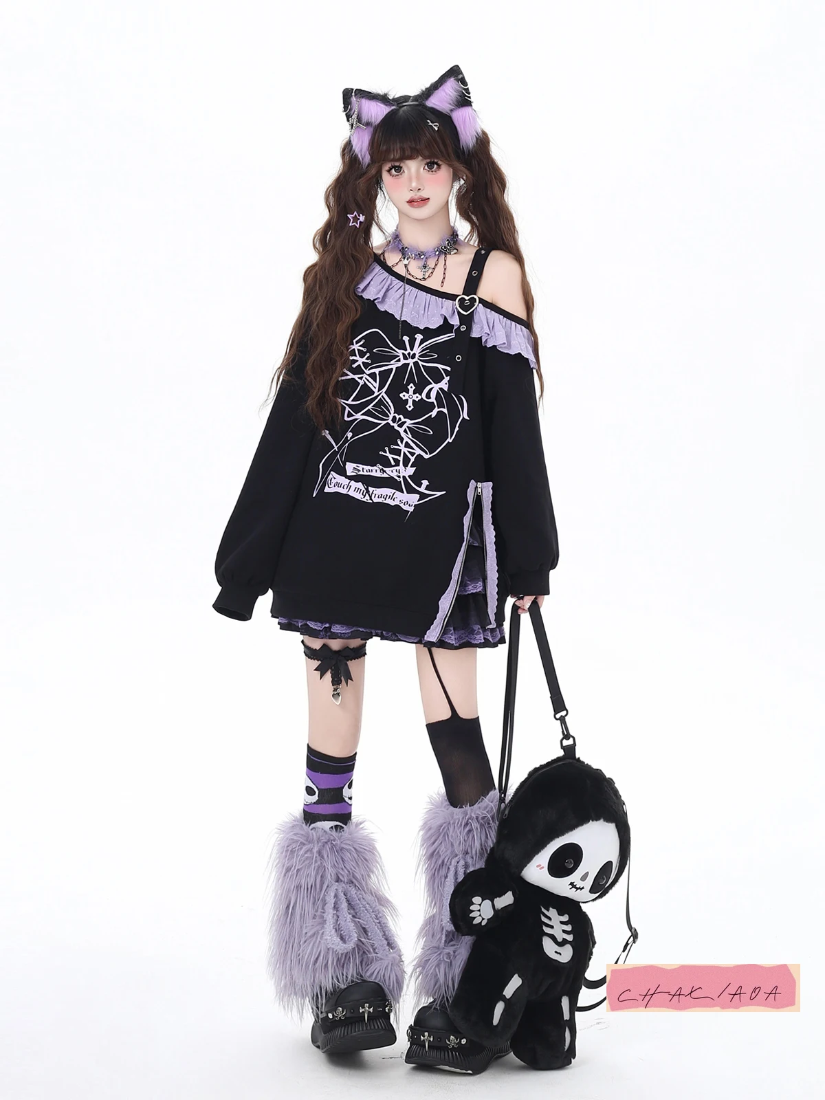 

Оригинальный сладкий и свежий легкий азиатский свободный пуловер с открытыми плечами и кружевной отделкой в японском стиле, весна и осень