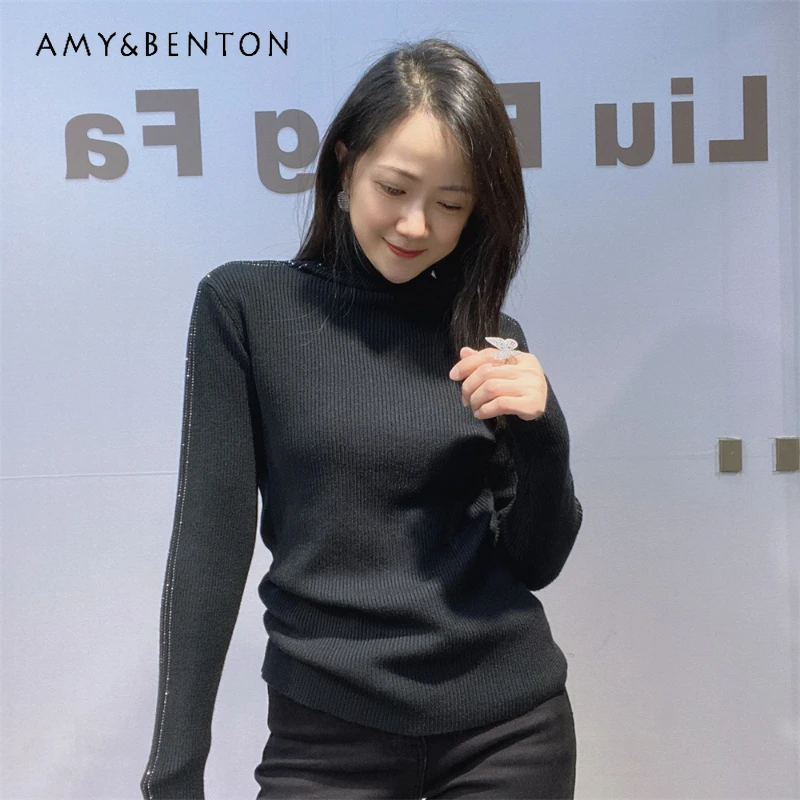 

Rhinestone Soft Comfortable High-neck Bottoming Shirt Autumn Versatile Top Korean Slimming Solid Color Inner Tees Pullover Women