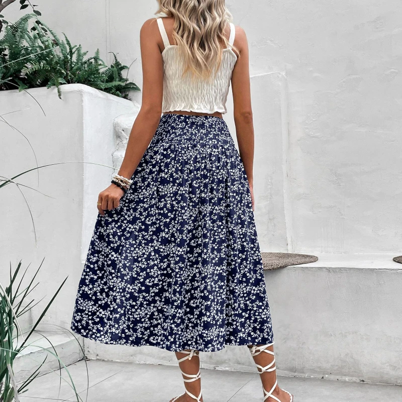Casual High-Waist Split Women's Long Skirts Vintage Flower Print A Line Skirt Spring Summer Beach Style Loose Skirts Women 2026