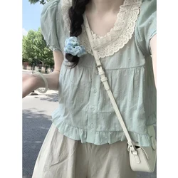 Women Clothing 2024 Summer Vintage Lace Patchwork Ruffles Blouses Sweet Cute Short Sleeve Shirts Female Casual Slim Cotton Tops