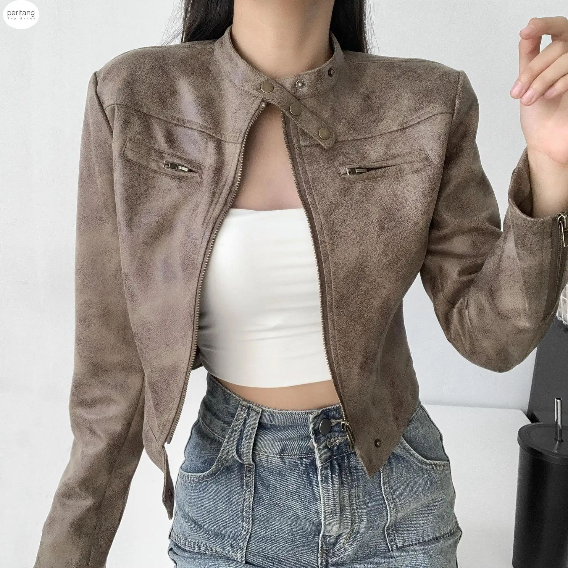 

PERITANG Woman Leather Jackets Coat Moto Biker Zipper Clothing Winter Bomber Y2k Blazer Crop Luxury Elegant Korean Vintage