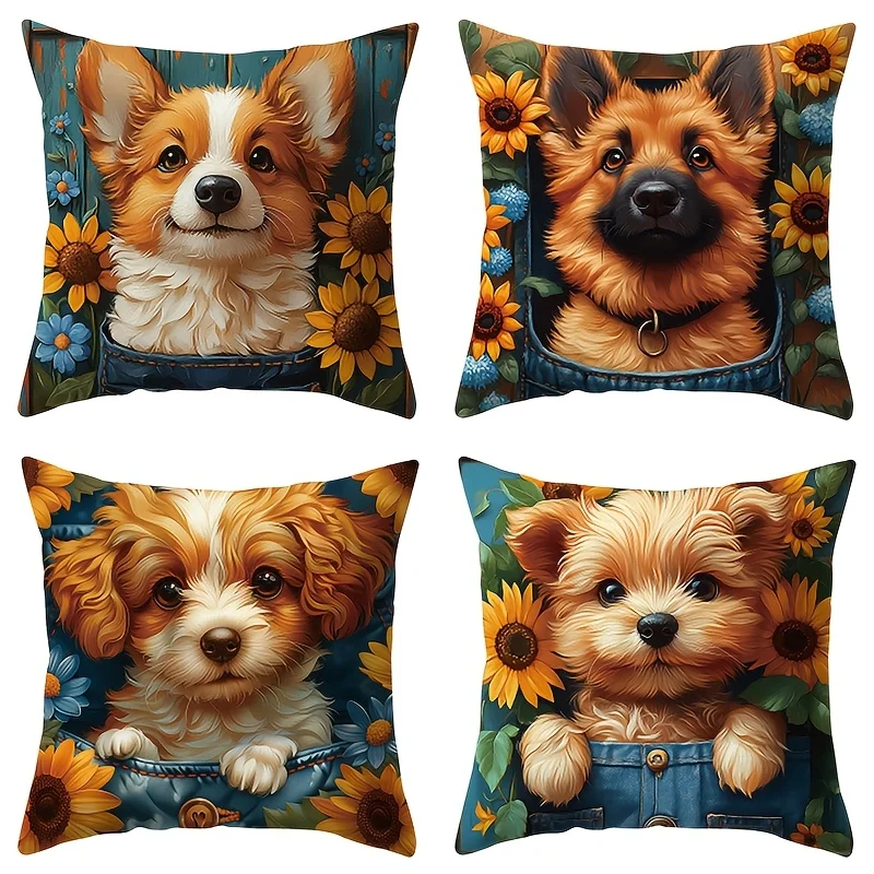 4 piezas, Fundas  Almohada  Primavera y Verano, Patrón  Girasoles y Perros, 40.64 X 40.64 cm, 45.72 x 45.72 cm, 50.8 x 50.