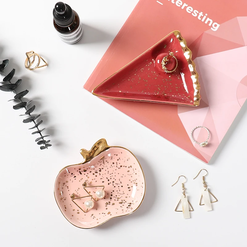Small Jewelry Dish for Ring and Necklace Storage Tray, Trinket Dish, Gold Apple Cherry Cake, Hamsa Hand, Home Decoration