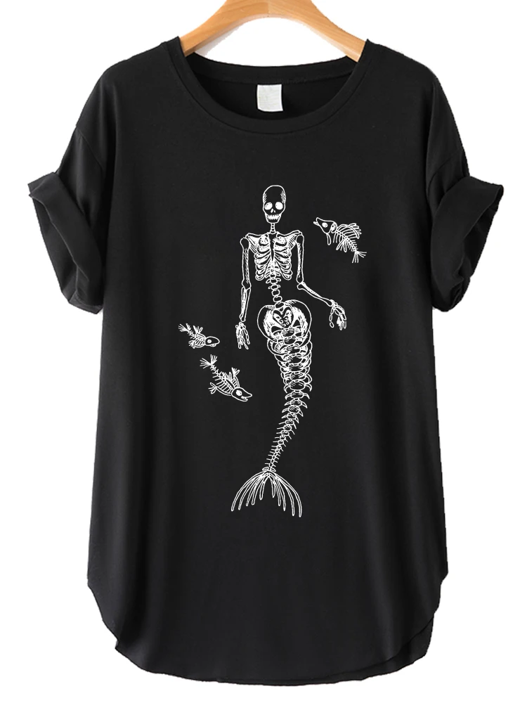 Seeyoushy Mermaid Skull Print Vintage Women T Shirt Side Slit Summer Funny 90s T Shirt Drop Shoulder Short Sleeve T Shirts Tops