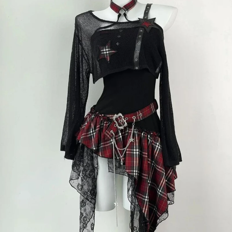 Subculture Gothic Women 2 Piece Set Punk Chic Long-sleeved Blouse + Red Checkered Five-pointed Star Dress Y2k Dark Korean Suits