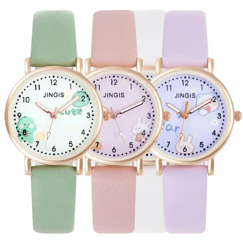 Reloj de pulsera informal para niñas, relojes bonitos de cuero para niños, estudiantes, reloj rosa de dibujos animados, regalo para niños, 2024