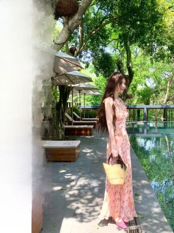 Sweetie Lychee Floral Print ter Dr Women's Summer New Waist Cinched Ruffle Skirt Ele High Waist Polyester Long Dr