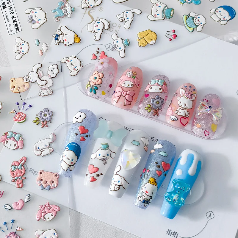 1PCS 5D Embossed Cartoon Sanrio Nail Stickers Press on Nails Anime Cinnamoroll Hello Kitty Stickers Nail Decoration Decals