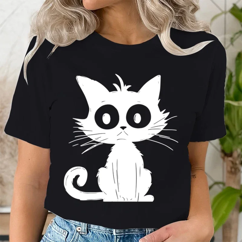 Big Eyes Cat Essential Cartoon T-shirt Cute Cat Graphic T Shirts Women Cartoon Animal T-Shirt Round Neck Women's Clothing