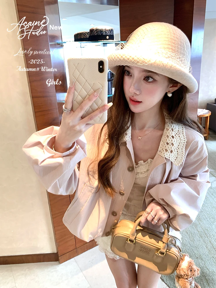 

Acaine Caramel Pink Lantern Sve Flower Bud Outerwear Women's Autumn Top Casual Sle Long Sve Button Closure Jaet