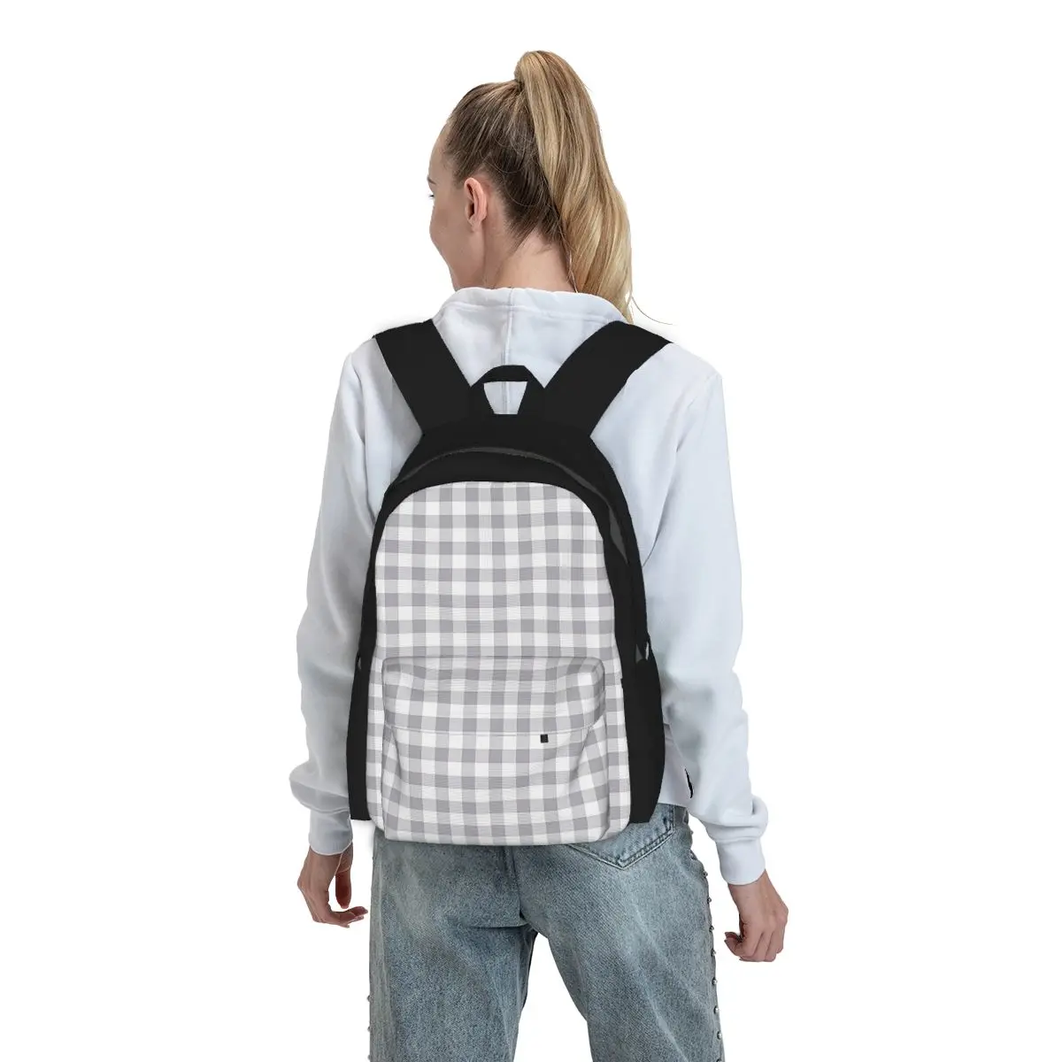 

Gray And White Gingham Backpack Boys Girls BookBag Children School Bag Computer Shoulder Bags for Men Women