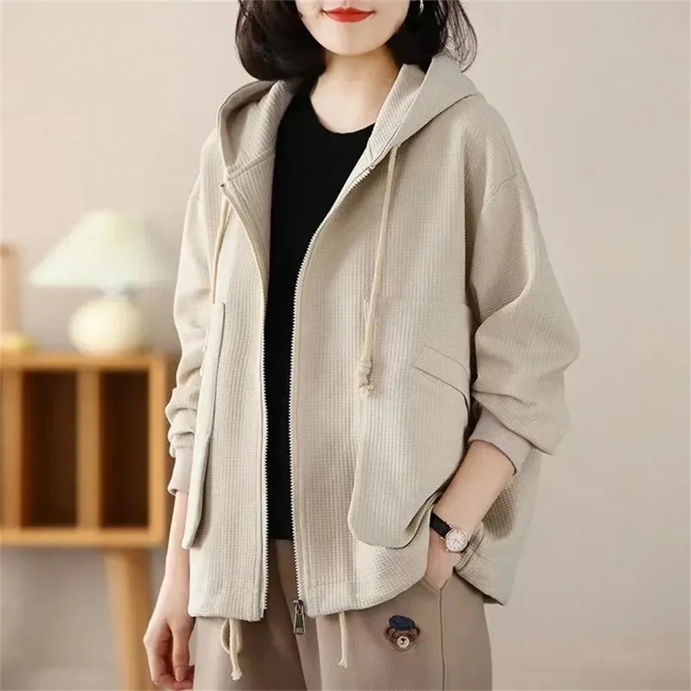 

Casual Loose Fitting Spring Outfit Long Sleeved Hooded Coat Women's 2023 Spring and Autumn New Mom Waffle Foreign Style Top