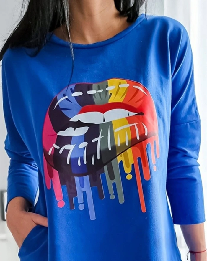 Top Women 2024 Autumn Loose Casual Rainbow Lipstick O-Neck Top Long Sleeve Loose Casual Pocket Design Daily Long T-Shirt Tops