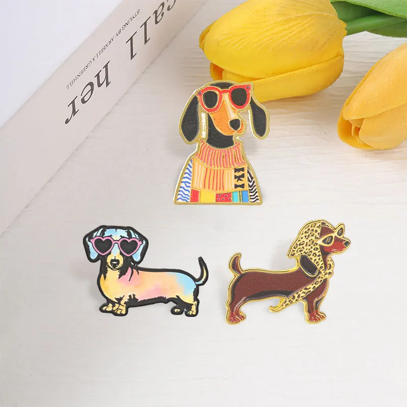 Niedliches Dackel-Emaille-Abzeichen, lustige Sonnenbrille und Blume, Wiener-Hund-Anstecknadel, Brosche, Schmuck, Geschenk für Freunde – Detail 7