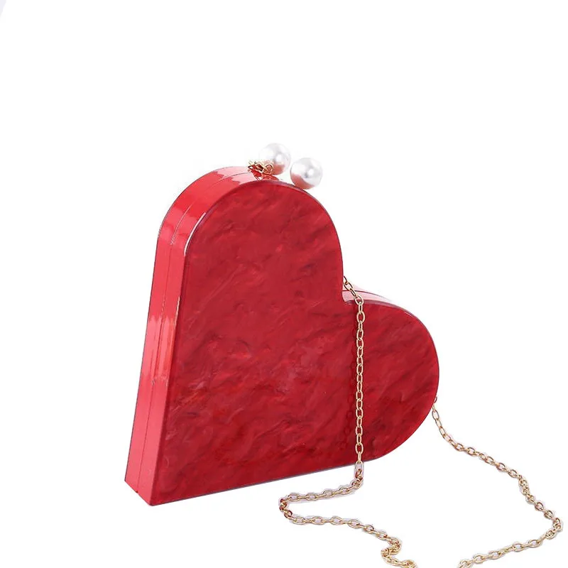 Women Shoulder Bags Hot Handbag Purses Unique Designer Acrylic Clutch Fashion Cute Red Heart Shape Pearl Chain Party Evening bag