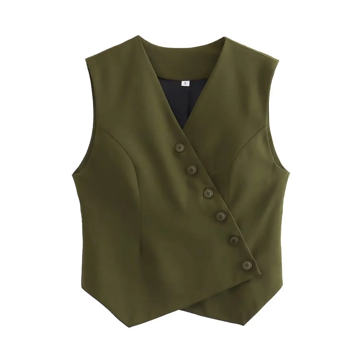 Chaleco asimétrico con botones diagonales para mujer, chaqueta sin mangas con cuello en V, color verde militar, elegante