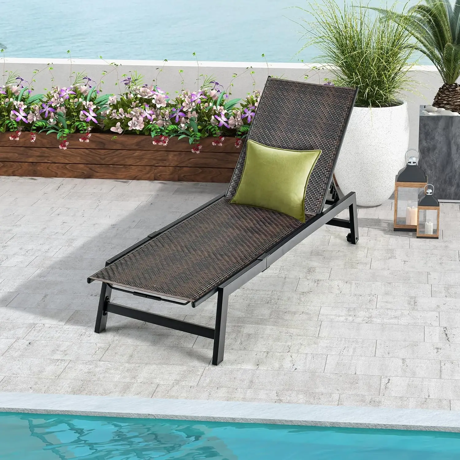 

PE Rattan Chaise Lounge Chair 5-Position Adjustable Backrest Steel Frame Wheels for Deck Poolside Yard Beach Sunbathing, Custom