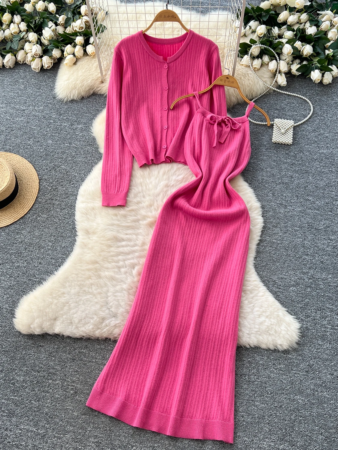 Conjunto E de Vestido de Punto y Cárdigan Abierto de Manga Larga para Mujer, Top con Cinturón de Cintura Alta, Talla G...
