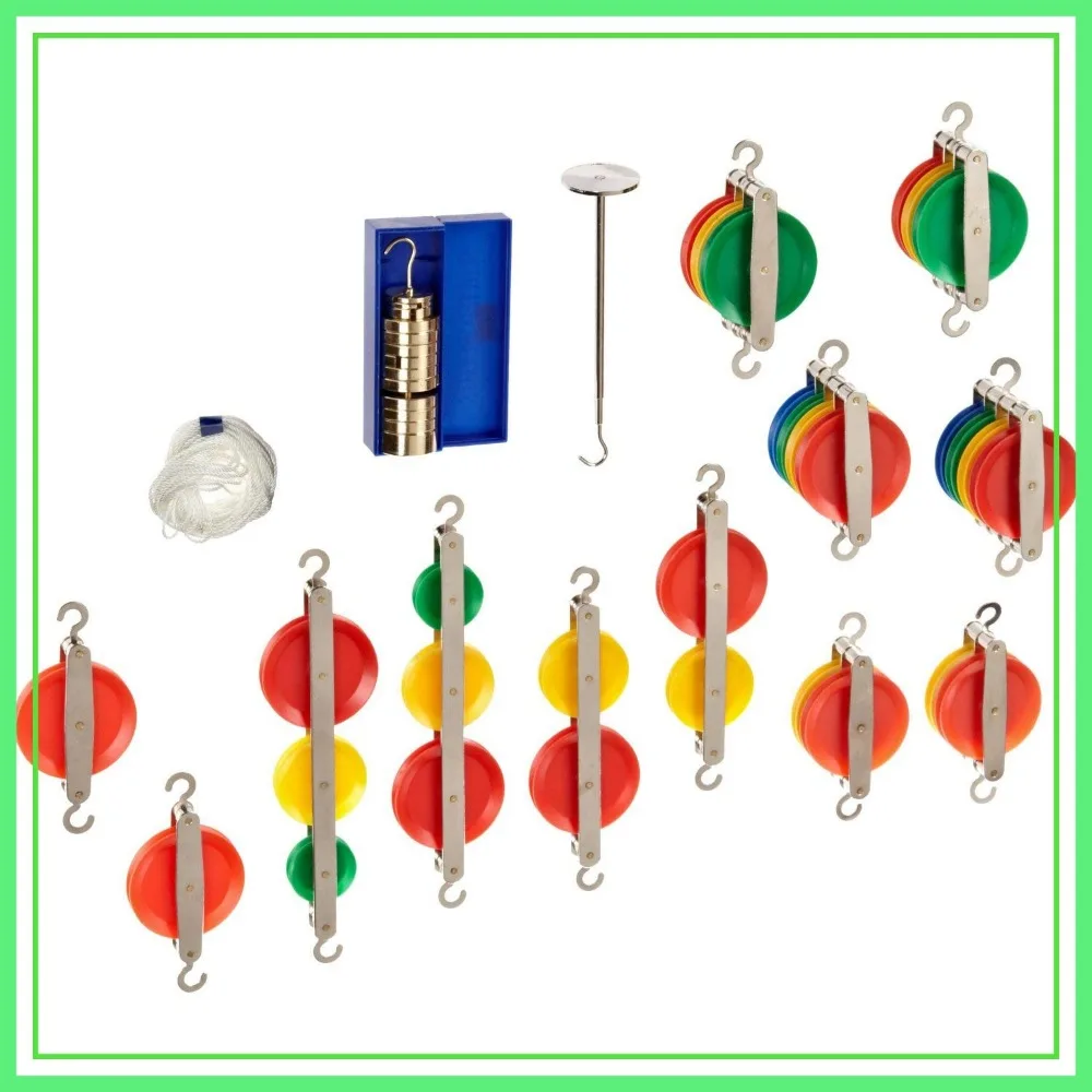 

Pulley Kit for Physics Experiments - Mechanical Advantage, Force & Power Transmission - Single, Double, Triple, Tandem Pulleys