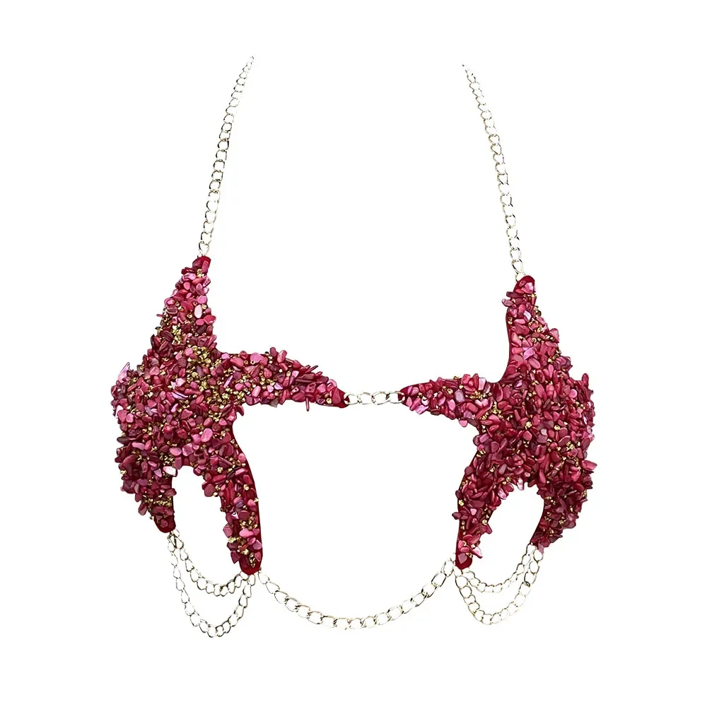 

Handmade crystal bra with diamond star pattern stitching gold chain wrapped chest hollow sexy woman island honeymoon resort