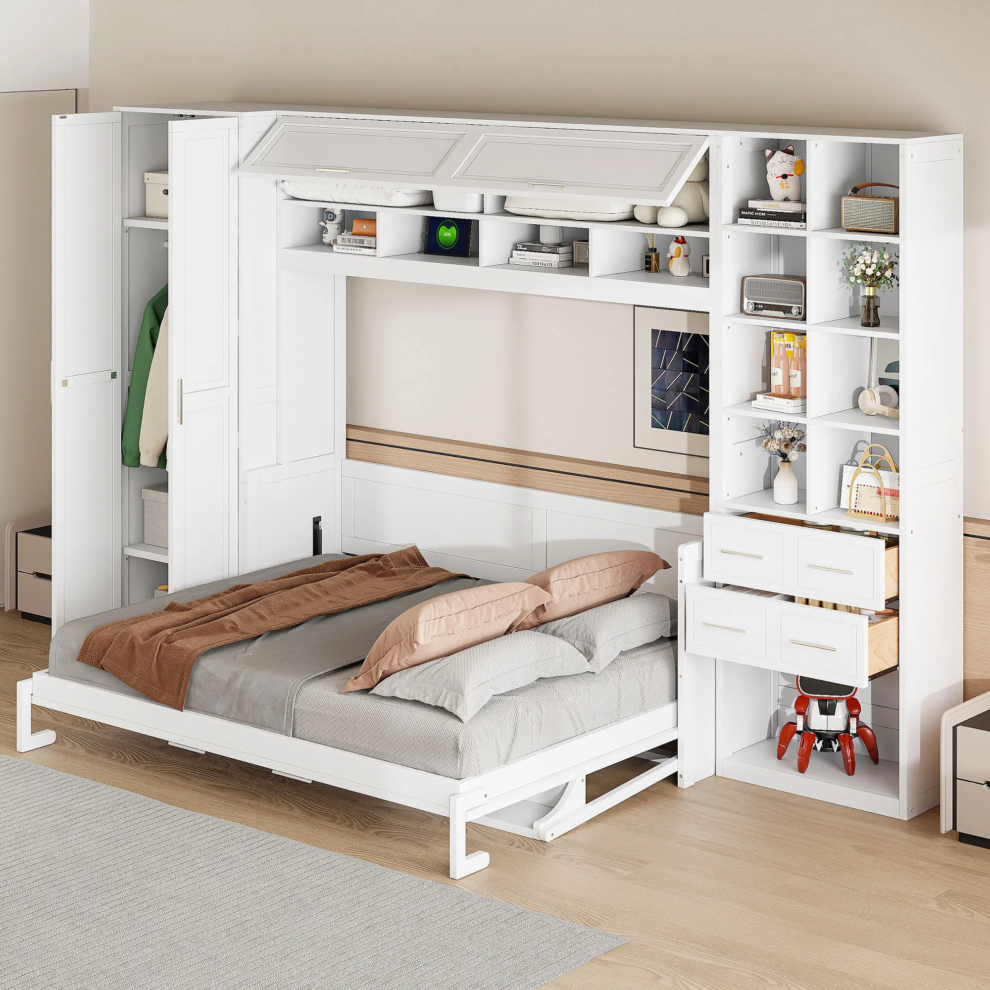 

"Queen Murphy Bed w/Built-in Closet & 2 Drawers - White Space-Saving Wall Bed for Studio/Apartment"