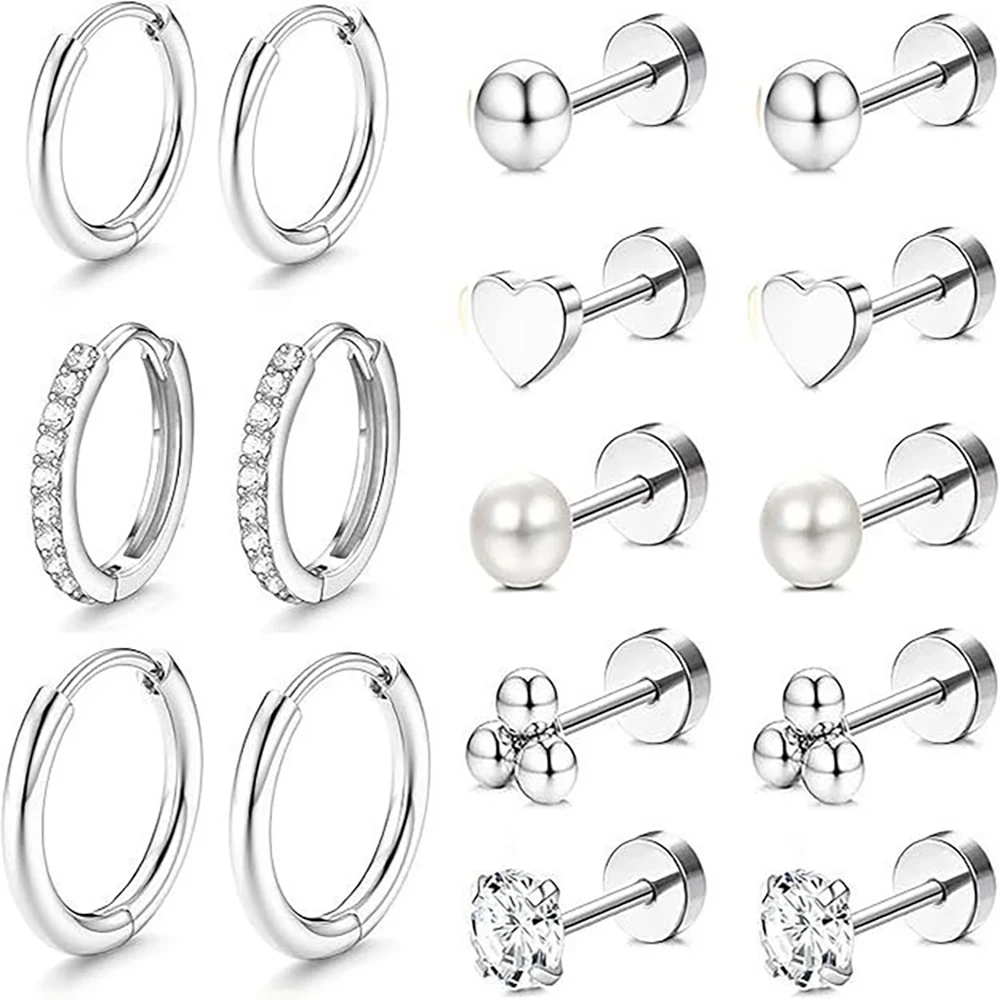 8 Pares de Aretes Planos de Acero Inoxidable para Mujer, con Perlas y Bolas de Amor, Aretes de Cartílago y Pequeños Aros, Set de Aretes de Moda