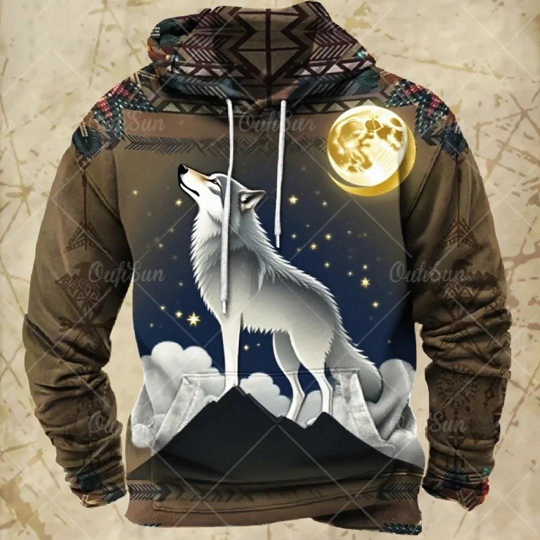 Retro Hoodie Men's Harajuku Wolf Print Fall Long-sleeved Sweater Oversized Y2k Clothing Men's Hoodie Fashion Streetwear