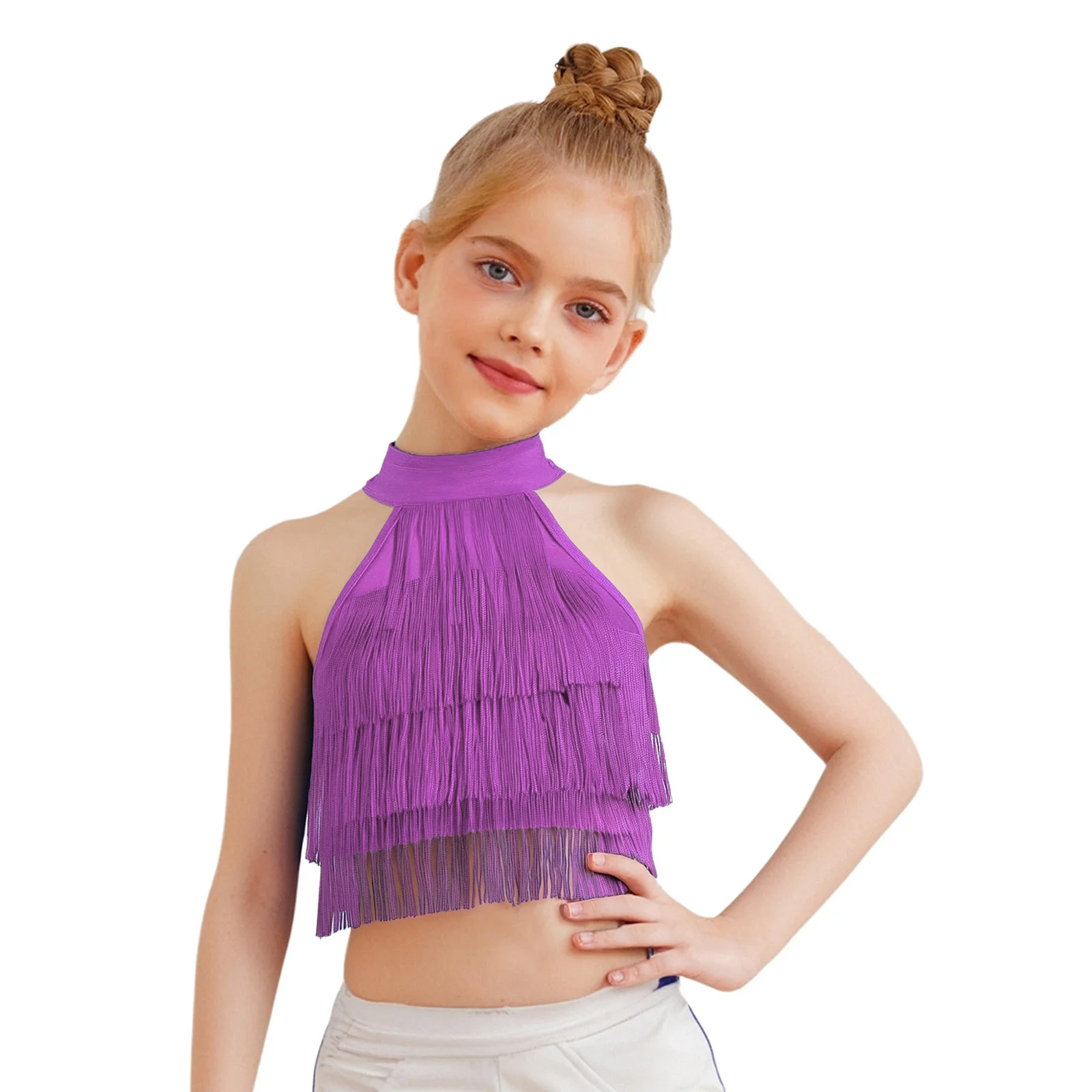 Kids Girls Latin Dance Vest Costume Fringe Crop Top Sleeveless Strappy Back Tiered Tassels Vest
