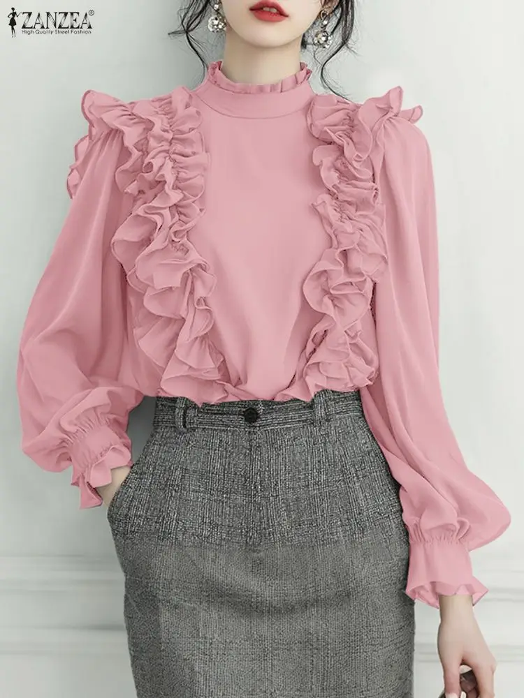 Zanzea elegante blusa com babados feminina manga longa elegante ol camisas de escritório 2025 moda gola casual sólido streetwear topos