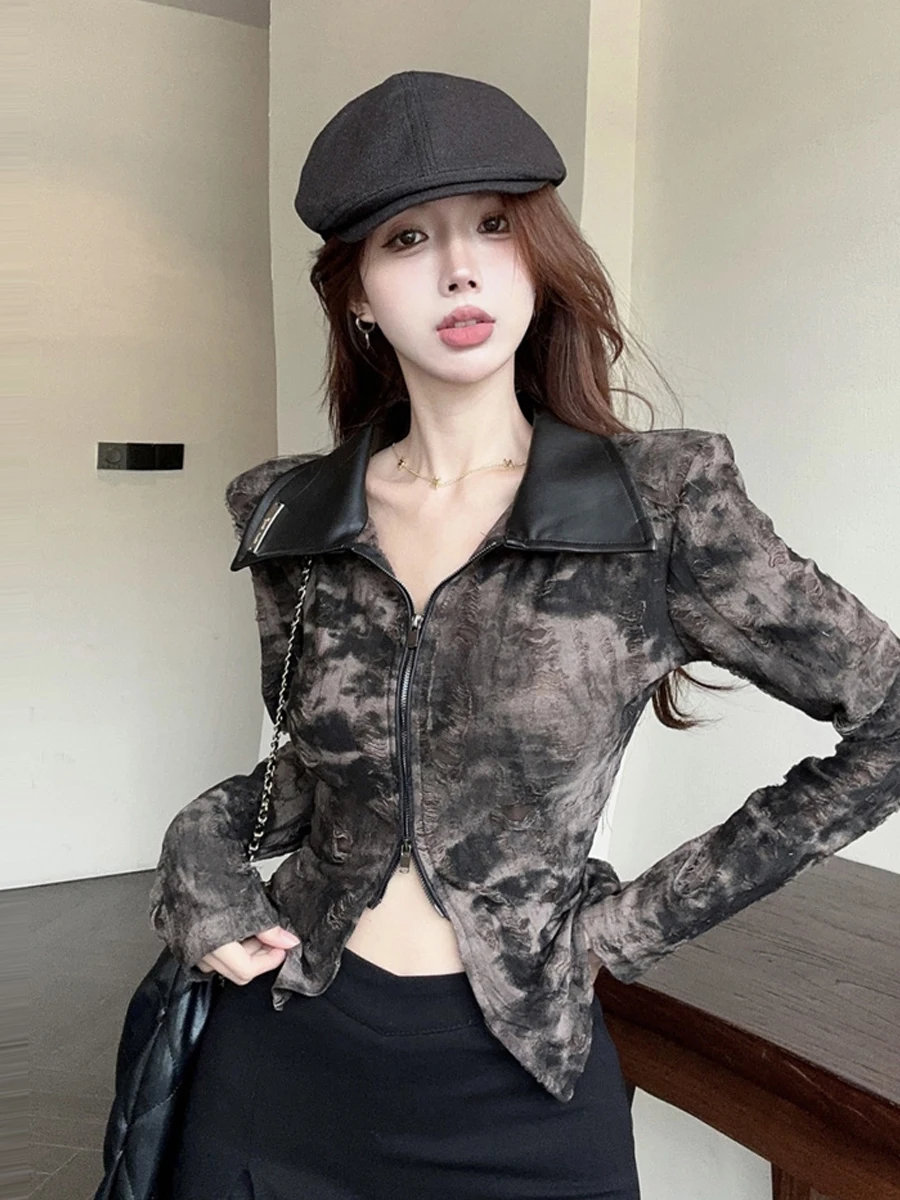 Retro Sexy Long Sleeve PU Leather Collar Gradient Hole Shirt Waist Inward Slimming Split Personality Top for Young Women