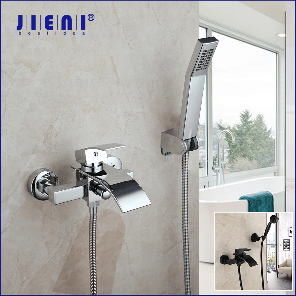 

JIENI Chrome Polished Bathroom Bath Mixer Shower Set Matte Black Bathtub Faucet Wall Mounted Waterfall Spout Mixer Hand Shower