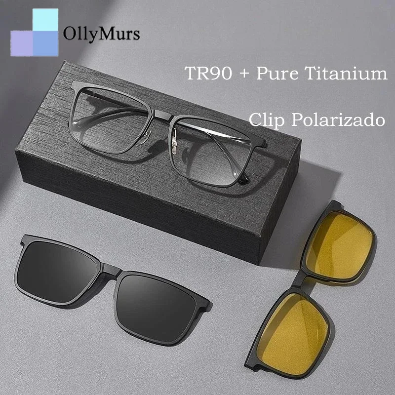 

OLLYMURS модные поляризационные магнитные клипсы на рецептурные очки TR90 из чистого титана в ретро-квадратной оптической оправе для мужчин