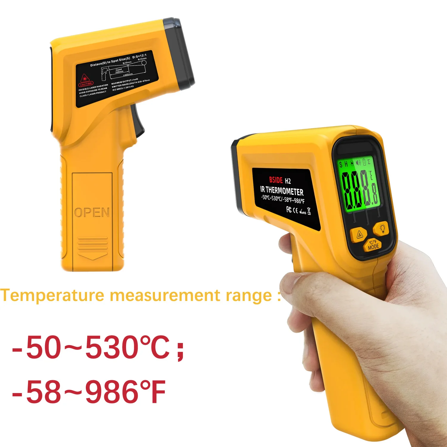 Digital Infrared Thermometer NonContact -50~530C Laser Point Temperature Meter LCD Industrial High Sensitivity Pyrometer