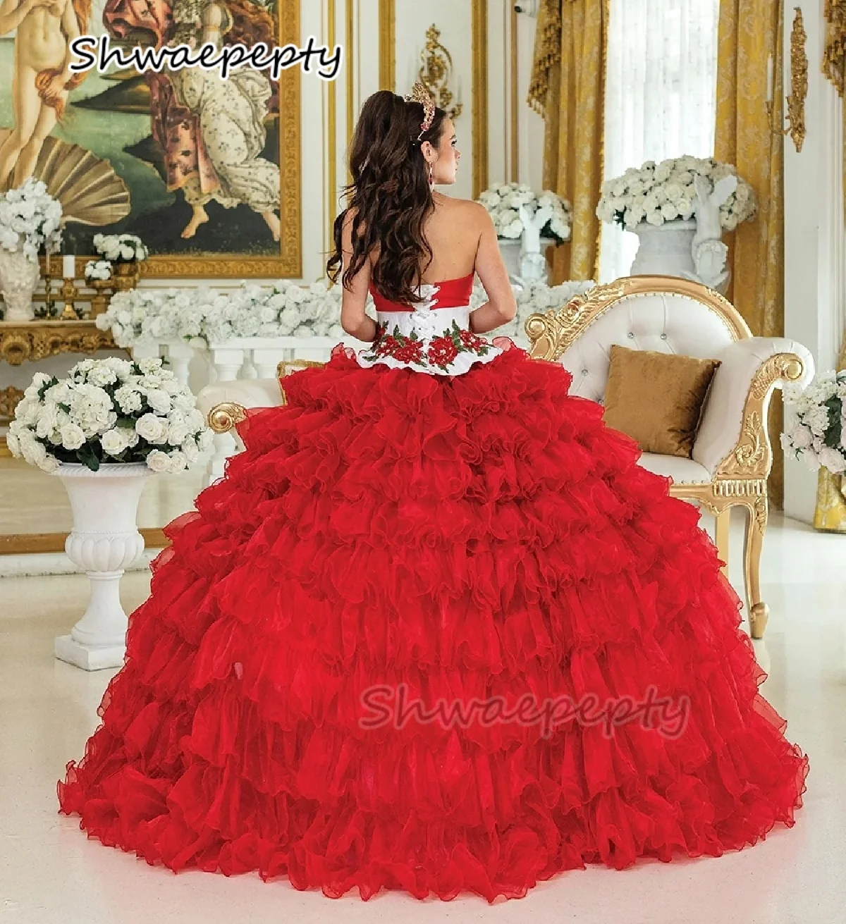 Белое и красное платье Quinceanera по индивидуальному заказу с цветочной вышивкой, милое платье из органзы длиной до пола, платье для выпускного вечера