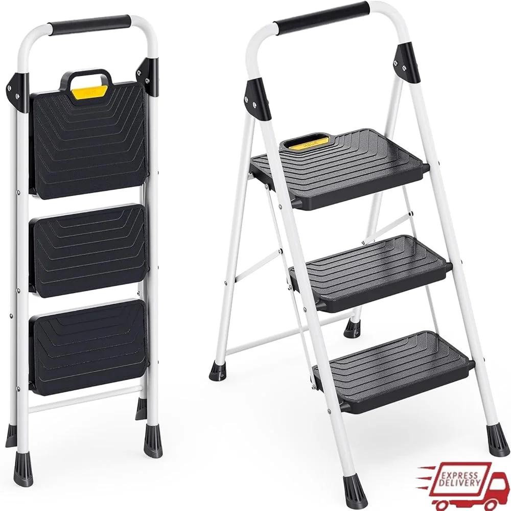 

Sturdy 3 Step Folding Ladder with Handrail Anti-Slip Wide Pedals Safety Lock Heavy Duty Steel 800lbs Capacity Compact Design