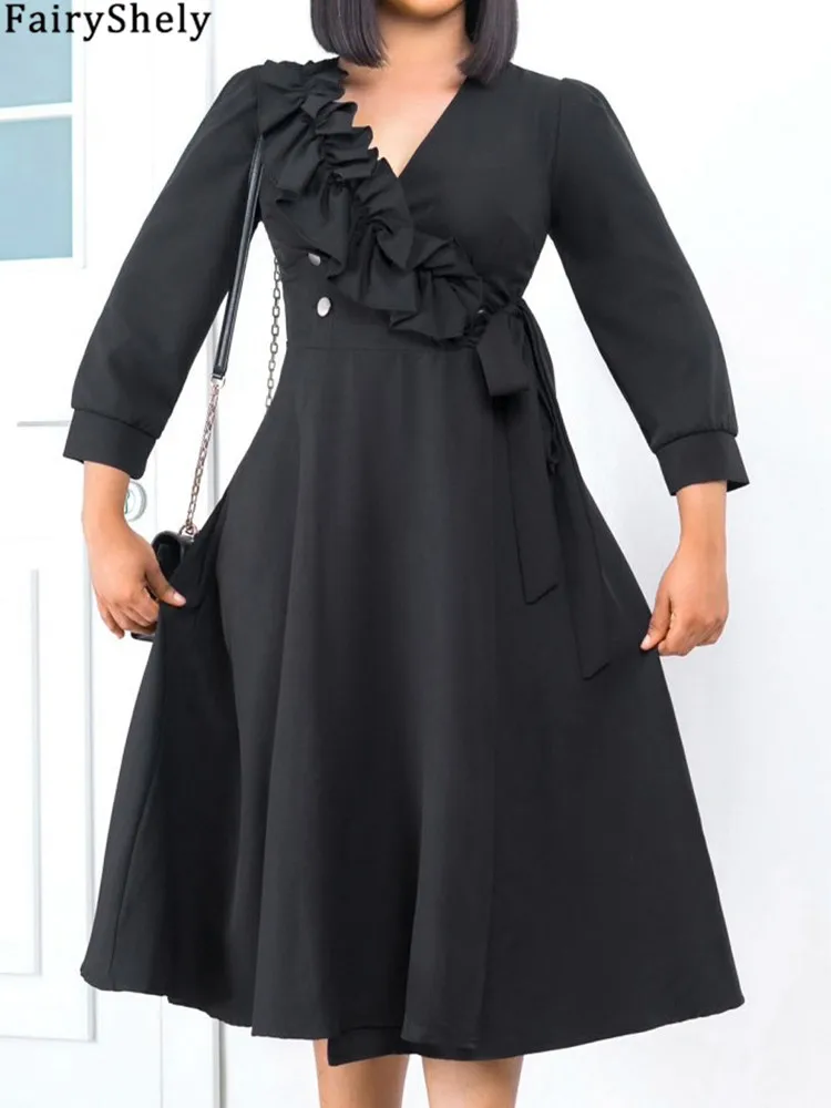 FairyShely 2025 Solid Verge Plus Size Long Dress Women Long Sleeve Large Folds Big Dresses Lady Spring Party Tight Curvy Dress