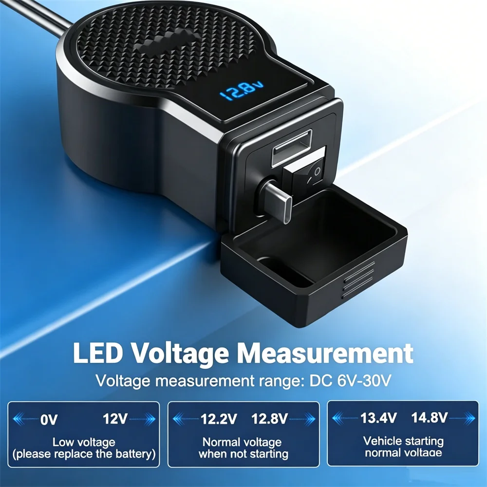 Dual Port Type C+QC3.0 Motorcycle Fast Charger Power Adapter Socket 12V Waterproof with Retractable Cable & Switch & Voltmeter view 3