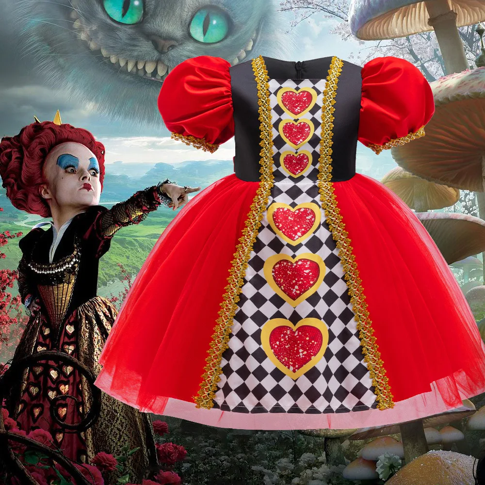 不思議の国のアリス-レッドクイーン-プリンセススカート-ガールズプリント-チュールパフィースカート-ポーカースカート-ロールコスチューム-子供用フォーマルドレス