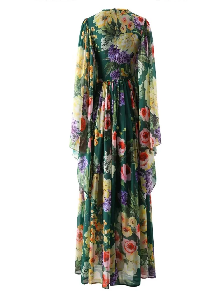 SEQINYY Elegant Green Long Dress Early Spring New Fashion Design Women Runway Flare Sleeve A-Line Vintage Flower Print Sicily